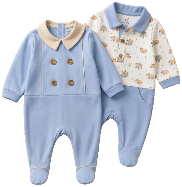 Dois macacões de bebê em azul e bege