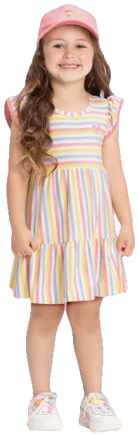 Menina usando vestido listrado colorido da Bela Infância